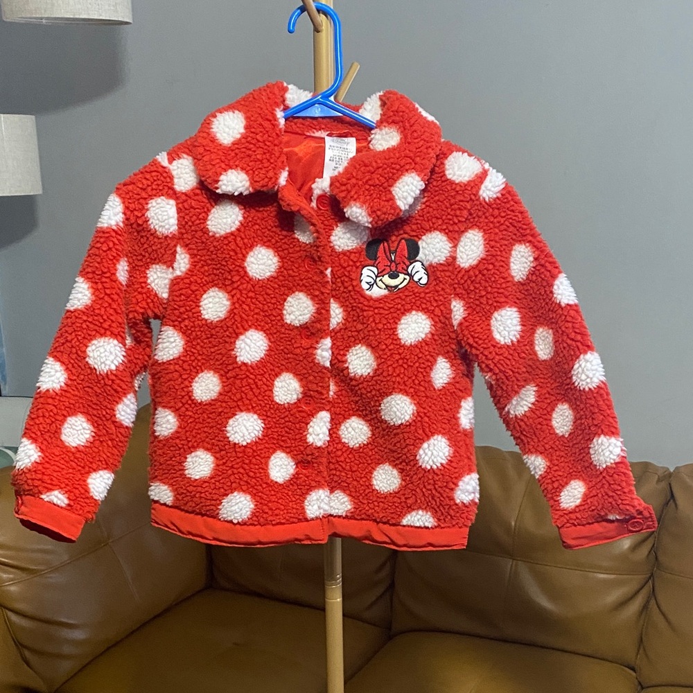 Disney Kids Fuzzy Girls Red and White Polka Dot Fleece Jacket embroidered print‎